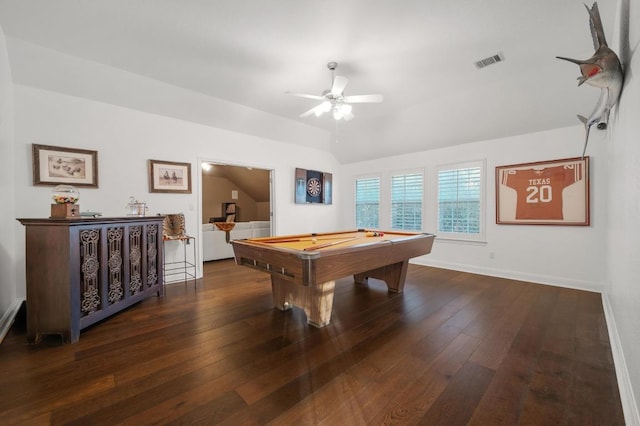 11208 Woodland Hills Trl, Austin, TX 78732 - game room featuring a ceiling fan, pool table, hardwood / wood-style floors, and lofted ceiling