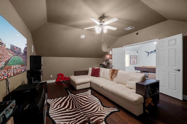 11208 Woodland Hills Trl, Austin, TX 78732 - home theater room featuring lofted ceiling, wood finished floors, ceiling fan, a textured ceiling, and billiards table