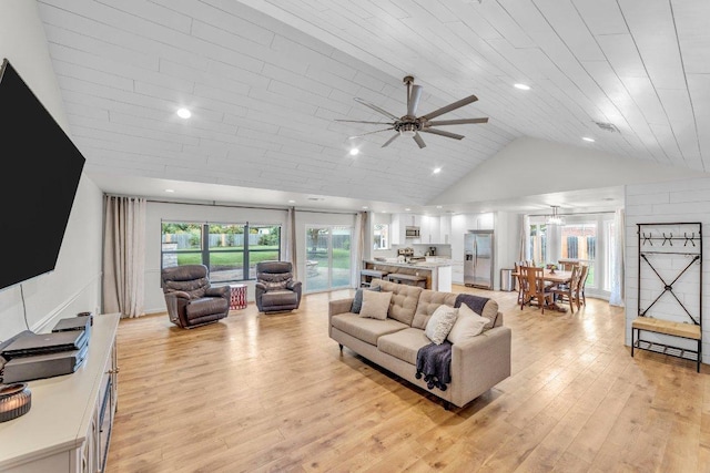 3705 Peach Vista Dr, Pflugerville, TX 78660 - living room featuring lofted ceiling, light wood-style flooring, a ceiling fan, wooden ceiling, and recessed lighting