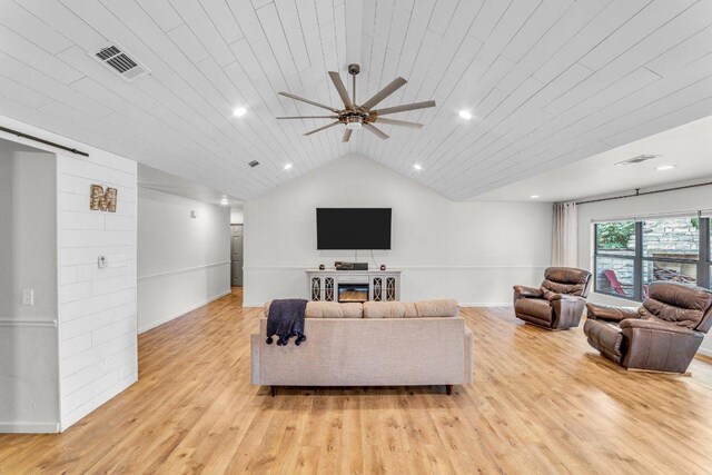 3705 Peach Vista Dr, Pflugerville, TX 78660 - living room with ceiling fan, light wood-style floors, lofted ceiling, wood ceiling, and recessed lighting