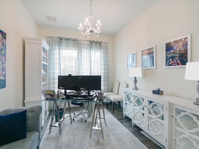 6701 Denia Dr, Austin, TX 78739 - office featuring dark wood-style flooring and a chandelier