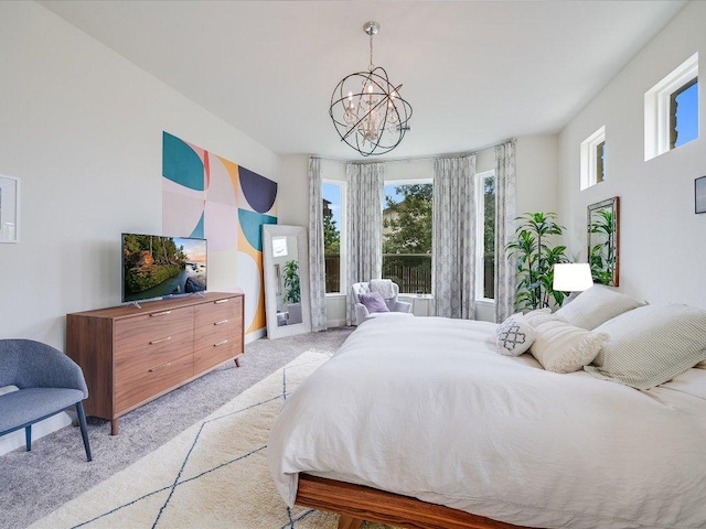 6701 Denia Dr, Austin, TX 78739 - bedroom with light colored carpet, multiple windows, and a chandelier