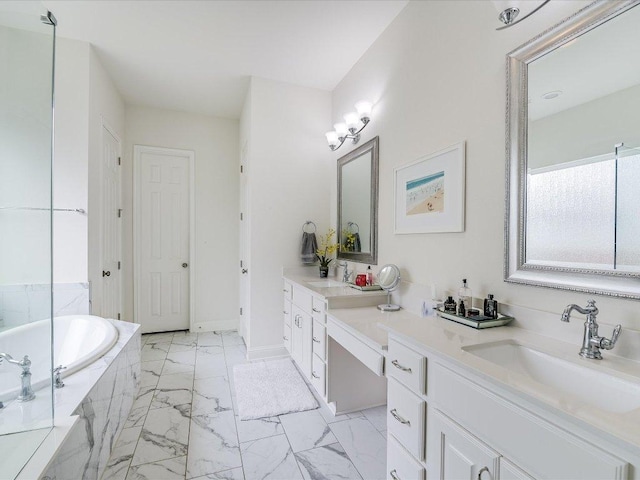 6701 Denia Dr, Austin, TX 78739 - full bath featuring double vanity, marble finish flooring, and a garden tub