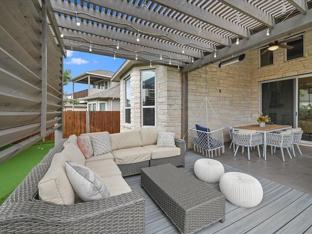 6701 Denia Dr, Austin, TX 78739 - deck with an outdoor hangout area, a pergola, and outdoor dining space