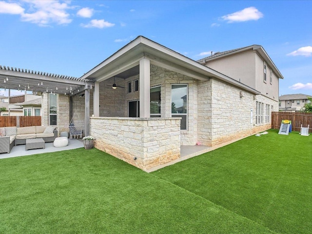 6701 Denia Dr, Austin, TX 78739 - rear view of house featuring outdoor lounge area, stone siding, ceiling fan, a patio area, and a pergola