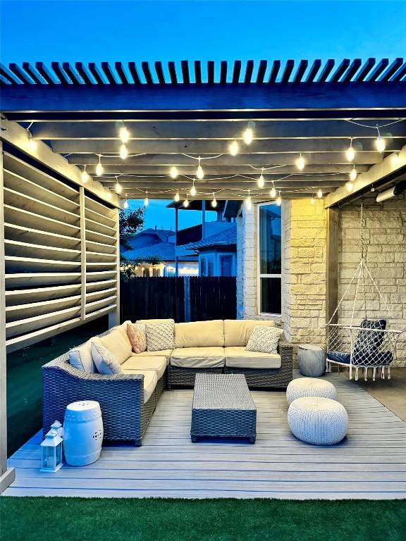 6701 Denia Dr, Austin, TX 78739 - view of patio / terrace with outdoor lounge area, a pergola, and a wooden deck