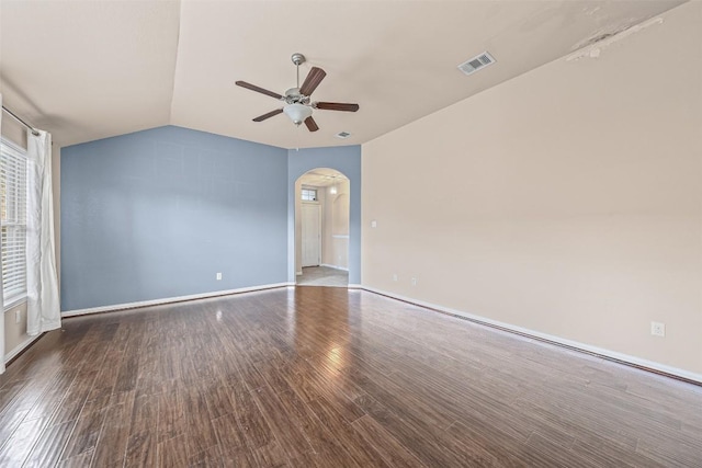 4019 Brookhaven Dr, Temple, TX 76504 - unfurnished room with ceiling fan, arched walkways, wood finished floors, and vaulted ceiling