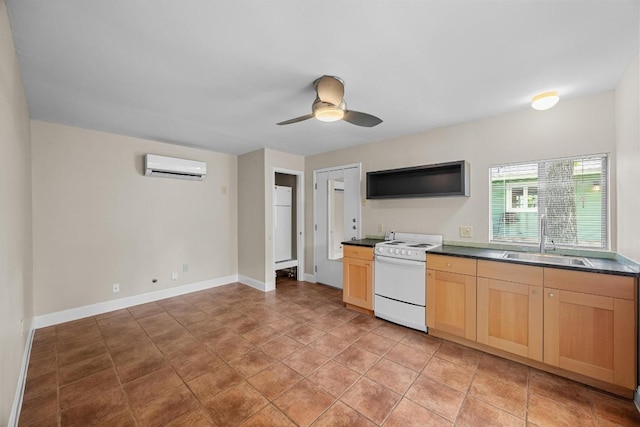 1807 W Saint Johns Ave, Austin, TX 78757 - kitchen with electric range, a wall mounted air conditioner, dark countertops, light brown cabinets, and a ceiling fan