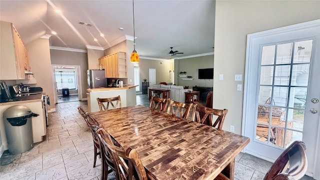 1127 Robin Rd, Elgin, TX 78621 - dining space with stone tile flooring, crown molding, and a ceiling fan