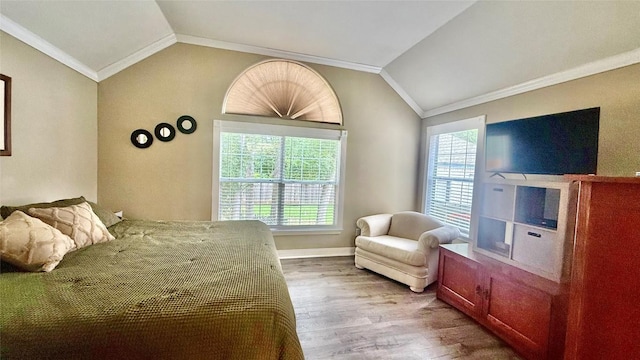 1127 Robin Rd, Elgin, TX 78621 - bedroom with lofted ceiling, multiple windows, crown molding, and wood finished floors