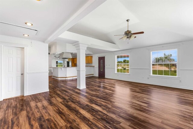 12212 Ballerstedt Rd, Elgin, TX 78621 - unfurnished living room with ornate columns, ceiling fan, wood finished floors, lofted ceiling, and recessed lighting