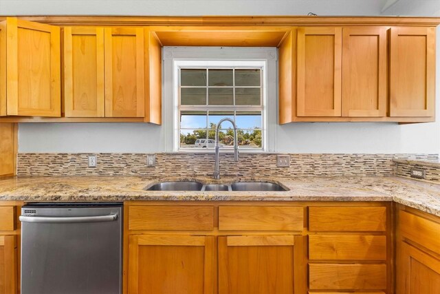 12212 Ballerstedt Rd, Elgin, TX 78621 - kitchen with dishwasher, light stone counters, and decorative backsplash