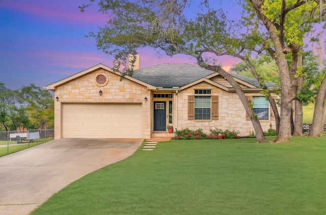 405 Alva Dr, Spicewood, TX 78669 - single story home with stone siding, a garage, a chimney, concrete driveway, and roof mounted solar panels