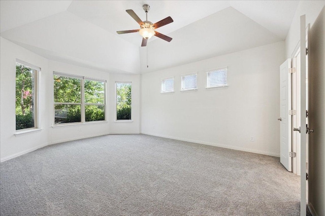 123 Pond View Pass, Buda, TX 78610 - empty room featuring plenty of natural light, carpet flooring, ceiling fan, and vaulted ceiling