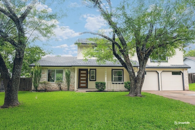 1402 Monica St, Austin, TX 78758 - view of front facade with driveway, stone siding, an attached garage, a porch, and a shingled roof