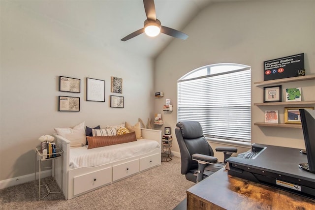 9213 Margaret Jewel Ln, Austin, TX 78748 - home office featuring a ceiling fan, carpet flooring, and high vaulted ceiling
