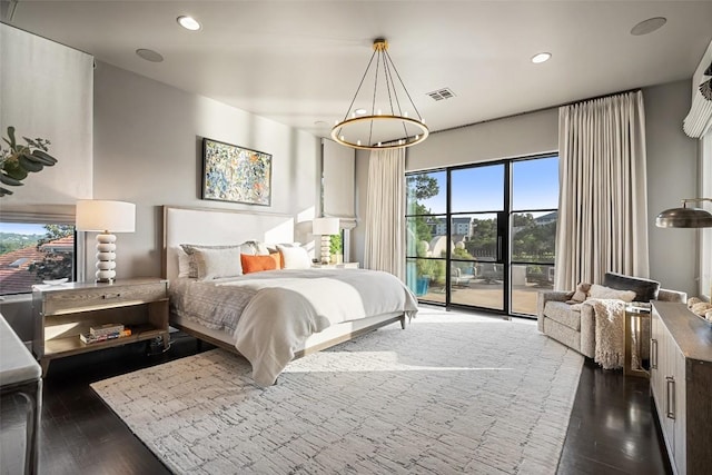 1508 Mesa Ridge Ln, Austin, TX 78735 - bedroom with access to exterior, a chandelier, wood finished floors, and recessed lighting