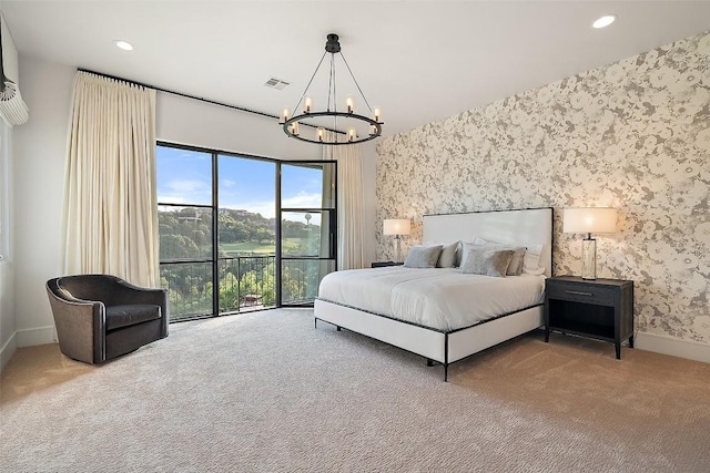 1508 Mesa Ridge Ln, Austin, TX 78735 - bedroom featuring a chandelier, carpet floors, wallpapered walls, and recessed lighting