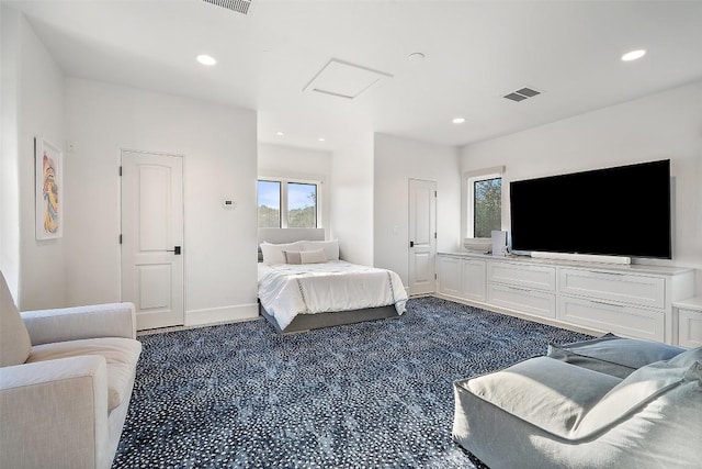 1508 Mesa Ridge Ln, Austin, TX 78735 - bedroom featuring dark carpet, attic access, multiple windows, and recessed lighting