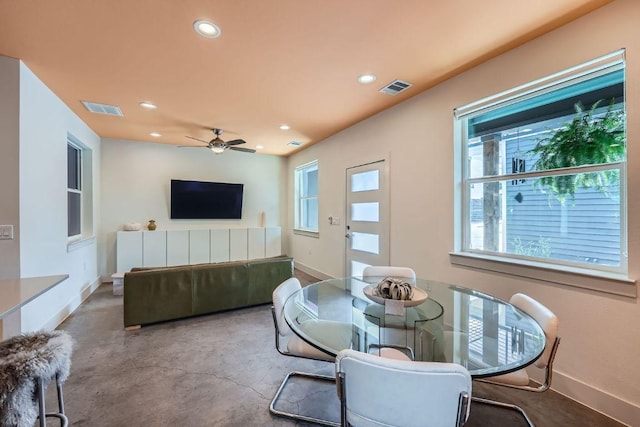 7311 Providence Ave Unit B, Austin, TX 78752 - dining area with recessed lighting, finished concrete flooring, and a ceiling fan