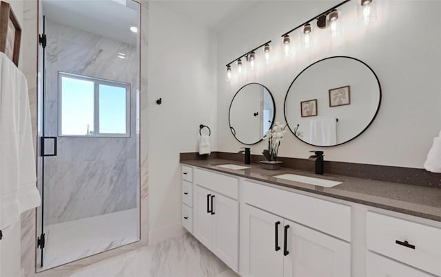 7306 Carver Ave Unit 1, Austin, TX 78752 - full bathroom with marble look tile flooring, a marble finish shower, and double vanity