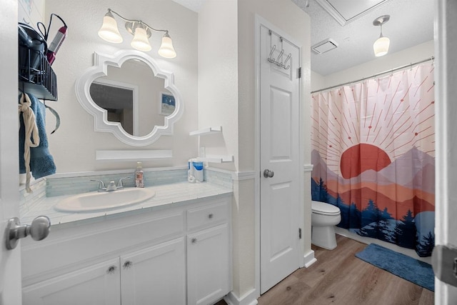 1306 River Oak Dr, Leander, TX 78641 - bathroom featuring vanity, wood finished floors, curtained shower, and a textured ceiling