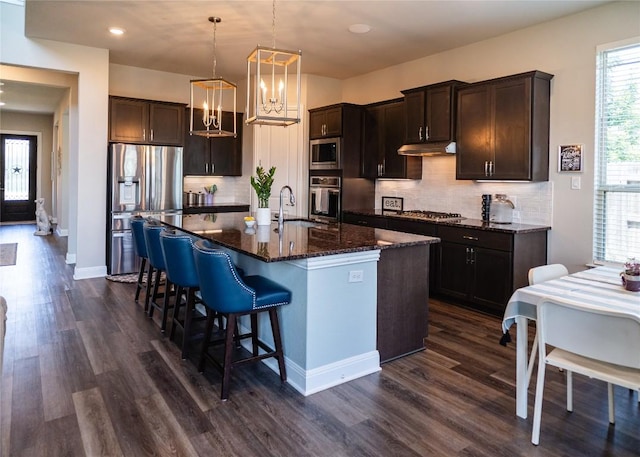 2616 Pine Branch Rd, Leander, TX 78641 - kitchen featuring stainless steel appliances, under cabinet range hood, dark wood-type flooring, an island with sink, and decorative backsplash