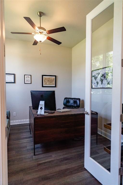 2616 Pine Branch Rd, Leander, TX 78641 - office area with dark wood-type flooring and a ceiling fan
