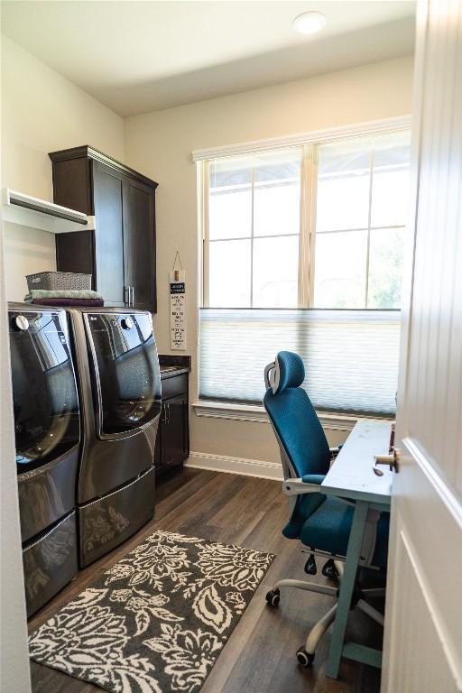 2616 Pine Branch Rd, Leander, TX 78641 - home office featuring washing machine and dryer and dark wood-style floors