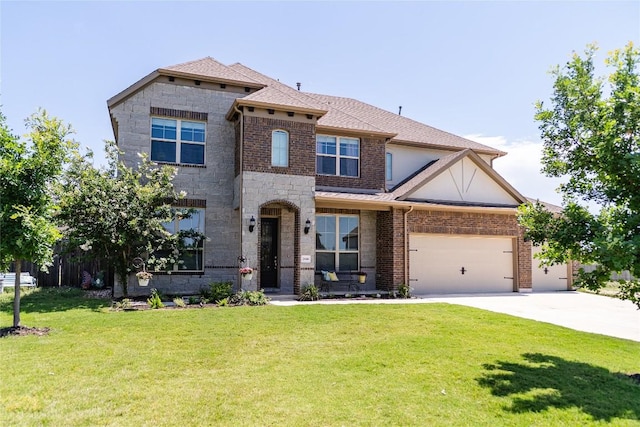 2616 Pine Branch Rd, Leander, TX 78641 - view of front facade with driveway, a garage, a front lawn, stone siding, and brick siding