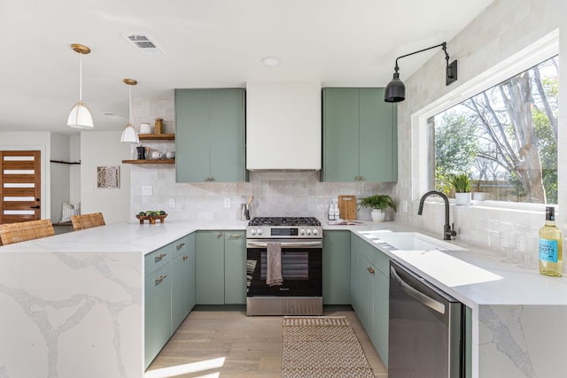 2105 Brunswick, Austin, TX 78723 - kitchen featuring stainless steel appliances, a peninsula, backsplash, open shelves, and green cabinetry