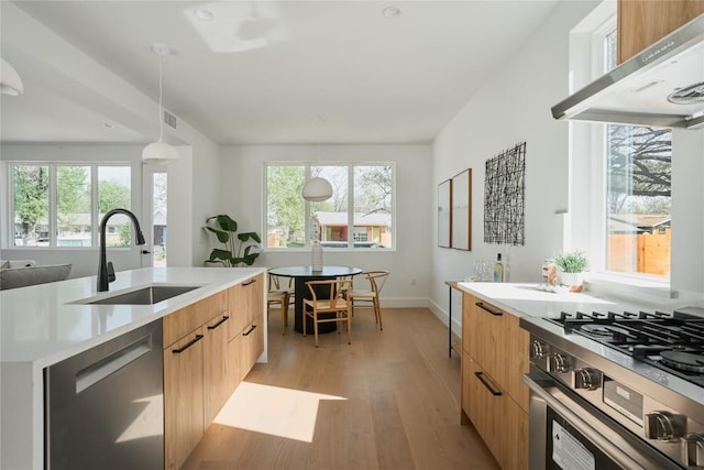 7516 Northcrest Blvd Unit 1, Austin, TX 78752 - kitchen with appliances with stainless steel finishes, modern cabinets, wall chimney range hood, light wood-style flooring, and light countertops