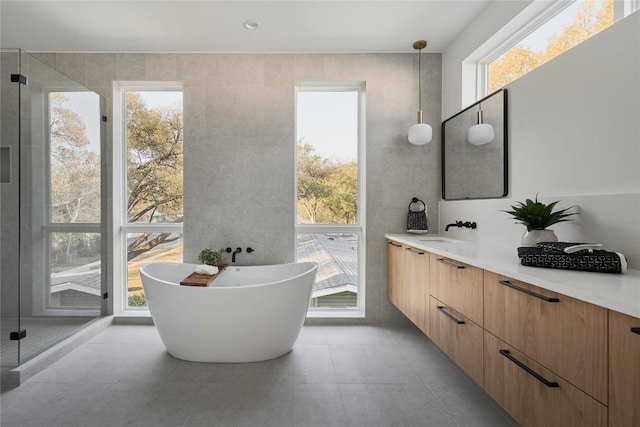 7516 Northcrest Blvd Unit 1, Austin, TX 78752 - bathroom featuring plenty of natural light, vanity, a freestanding bath, and a shower with door