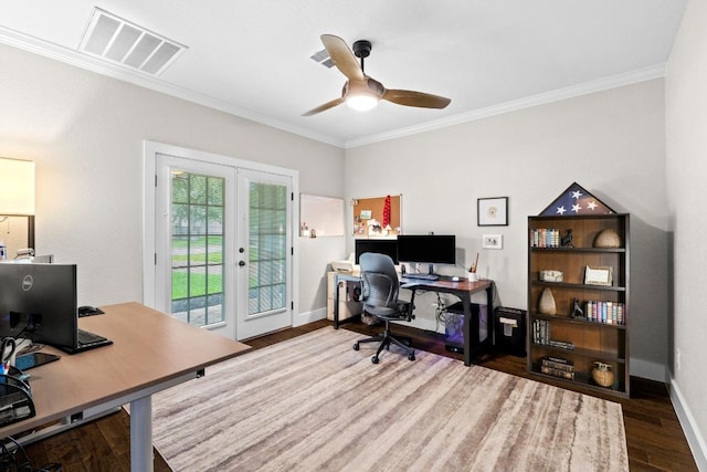 104 Hazeltine Dr, Georgetown, TX 78628 - office featuring french doors, ceiling fan, ornamental molding, and wood finished floors