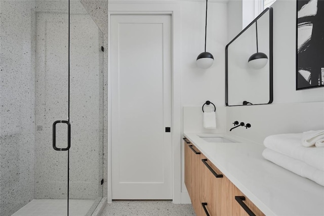 7516 Northcrest Blvd Unit 2, Austin, TX 78752 - full bath with a stall shower, vanity, and speckle patterned floor
