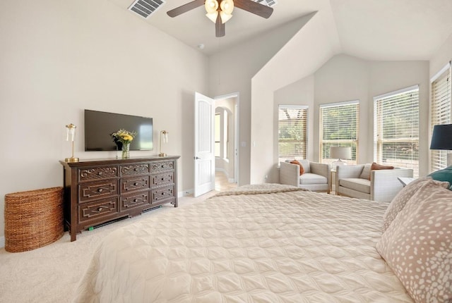 106 Tonkawa Trl W, Austin, TX 78738 - carpeted bedroom with a ceiling fan and high vaulted ceiling