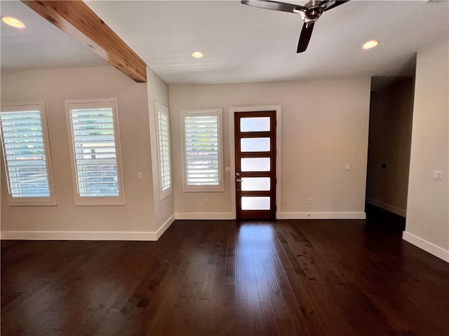1126 Linden St Unit 2, Austin, TX 78702 - foyer entrance featuring dark wood-type flooring, a ceiling fan, recessed lighting, and beamed ceiling