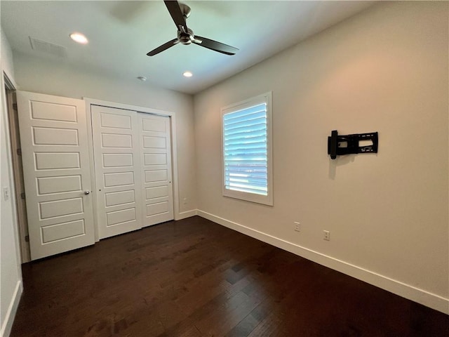 1126 Linden St Unit 2, Austin, TX 78702 - unfurnished bedroom with a closet, dark wood-style floors, recessed lighting, and a ceiling fan