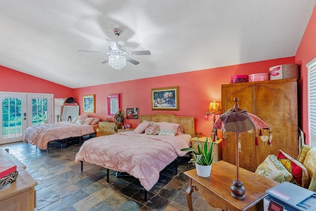 4842 W Fm 2147, Horseshoe Bay, TX 78657 - bedroom featuring access to outside, stone tile flooring, vaulted ceiling, french doors, and ceiling fan