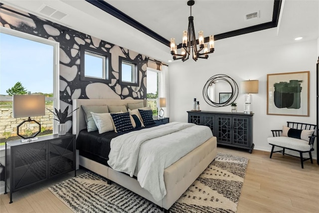 19512 Erna Dr, Pflugerville, TX 78660 - bedroom with a chandelier, light wood-style floors, ornamental molding, and recessed lighting