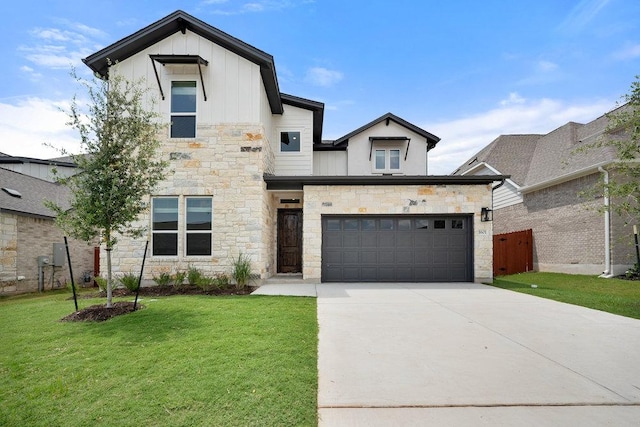 1601 Cardinal Ln, Round Rock, TX 78681 - modern home featuring stone siding, board and batten siding, driveway, and an attached garage