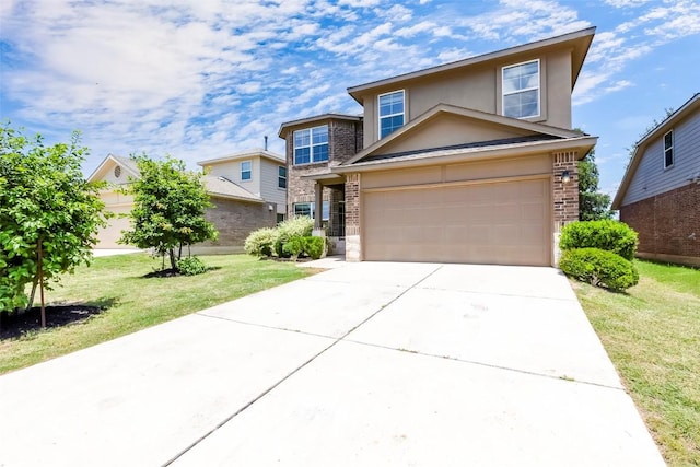 1710 Atlantica St, Cedar Park, TX 78613 - traditional-style house featuring brick siding, driveway, a front lawn, stucco siding, and stone siding