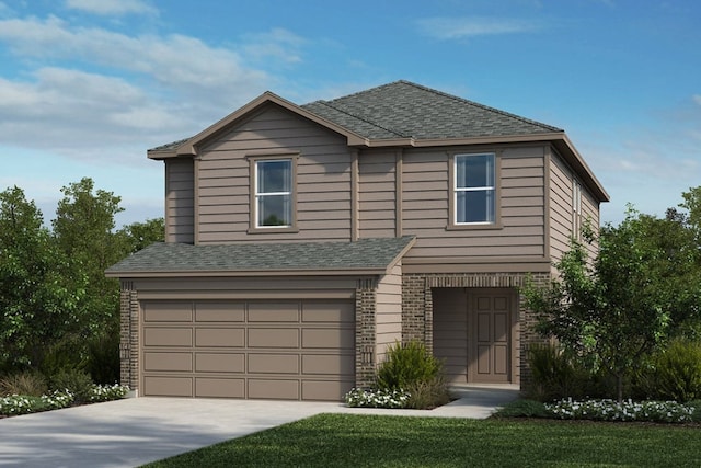 285 Feathers St, Jarrell, TX 76537 - view of front of home featuring a shingled roof, an attached garage, concrete driveway, and brick siding