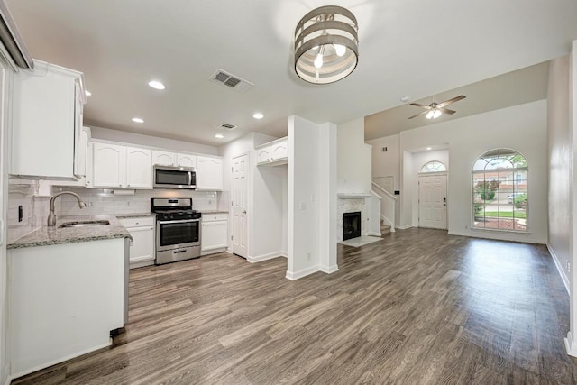 216 Cassandra Dr, Hutto, TX 78634 - kitchen with stainless steel appliances, light stone countertops, open floor plan, wood finished floors, and tasteful backsplash