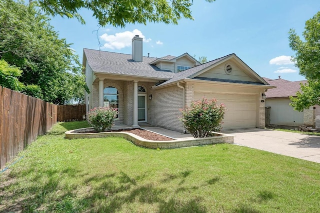 216 Cassandra Dr, Hutto, TX 78634 - traditional home featuring brick siding, an attached garage, a shingled roof, concrete driveway, and a chimney