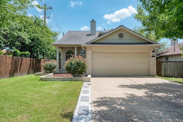 216 Cassandra Dr, Hutto, TX 78634 - view of front of property with brick siding, driveway, an attached garage, a chimney, and roof with shingles