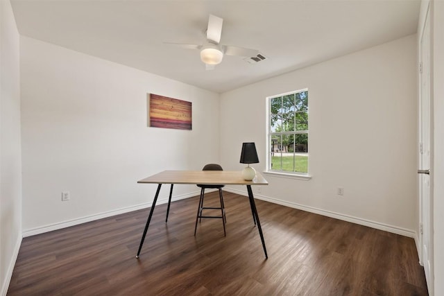 104 Live Oak Cir, Bertram, TX 78605 - office with dark wood-style floors and a ceiling fan