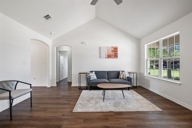104 Live Oak Cir, Bertram, TX 78605 - living area featuring arched walkways, vaulted ceiling, ceiling fan, and dark wood-style flooring