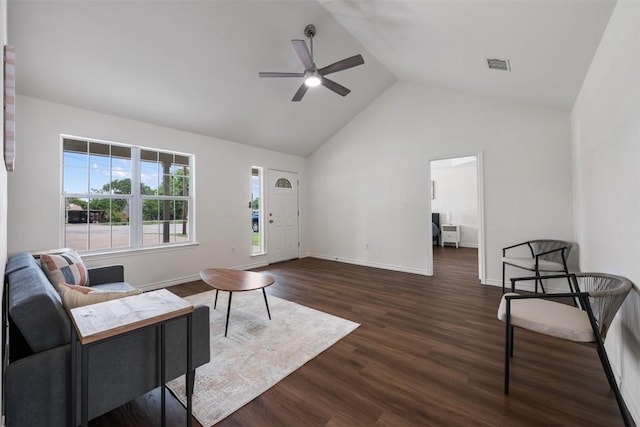 104 Live Oak Cir, Bertram, TX 78605 - living room featuring ceiling fan, dark wood-type flooring, and high vaulted ceiling