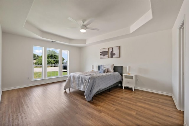 104 Live Oak Cir, Bertram, TX 78605 - bedroom with a tray ceiling, wood finished floors, and a ceiling fan
